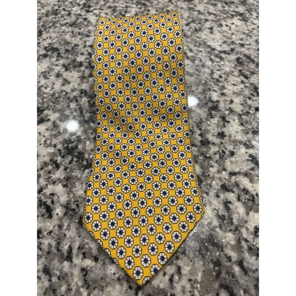 Brooks Brothers 100% Silk Tie Made In USA Gold Yellow Blue Geometric Wheels